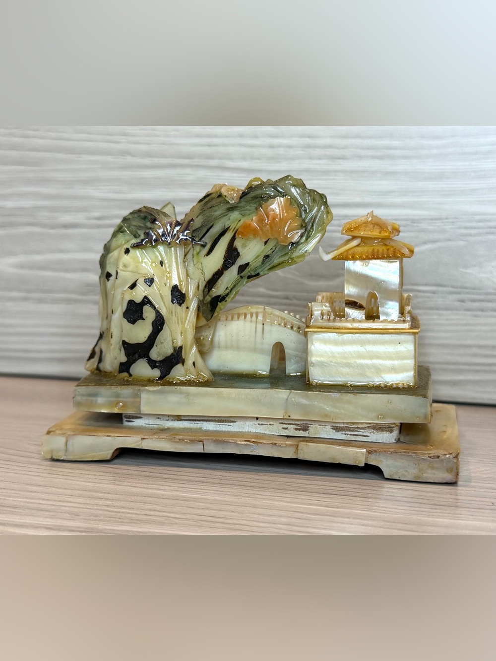 Vintage Chinese Mother of Pearl Carving Shell Pagoda Miniature Diorama Sculpture